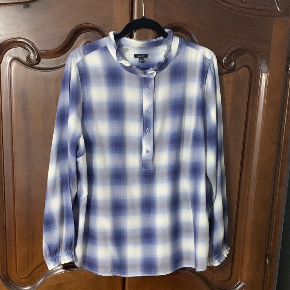 Talbots Navy and Cream Checkered Blouse